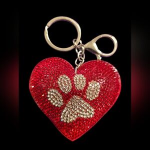 Red Heart Bag Charm Keychain with Paw Print
